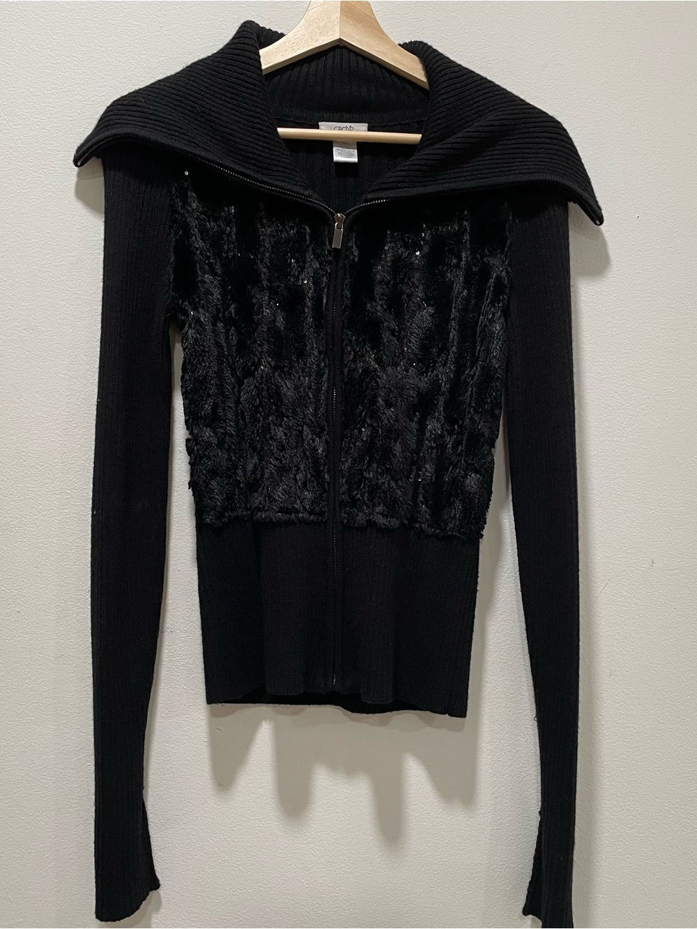 Cache Black Zip-Up Sweater with Faux Fur Front Panel